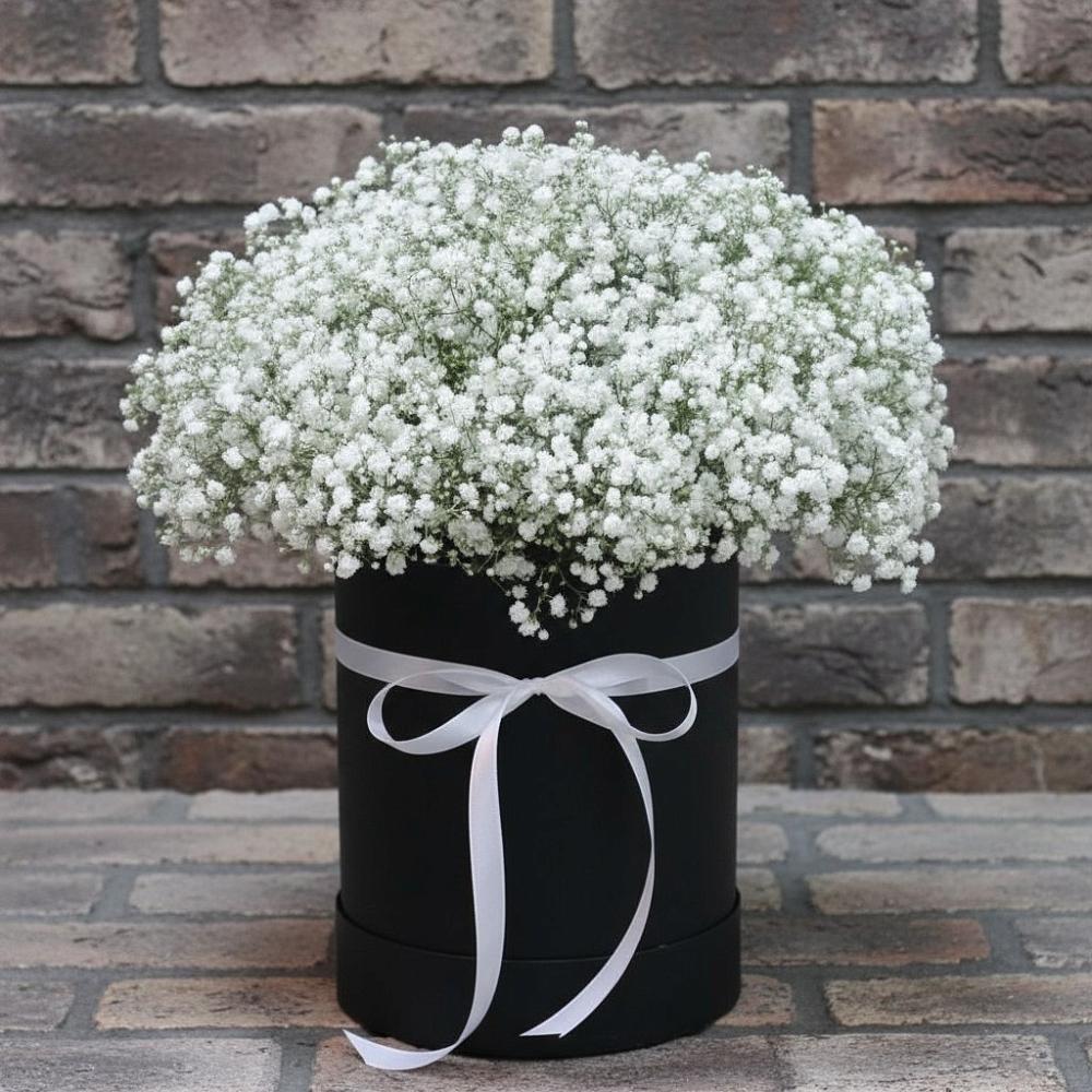 Цветочная композиция из Гипсофила в шляпной коробке в Ачикулаке