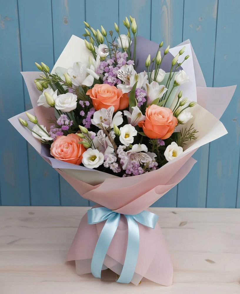 Букет цветов из: Лизиантусы, Розы, Альстромерии и Гипсофила в Ачикулаке