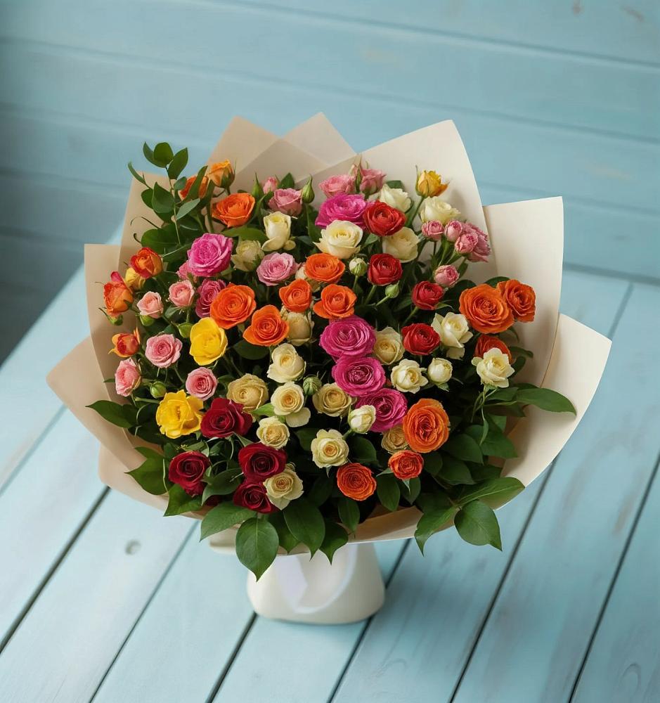 Букет Микс из разноцветных кустовых роз в Ачикулаке